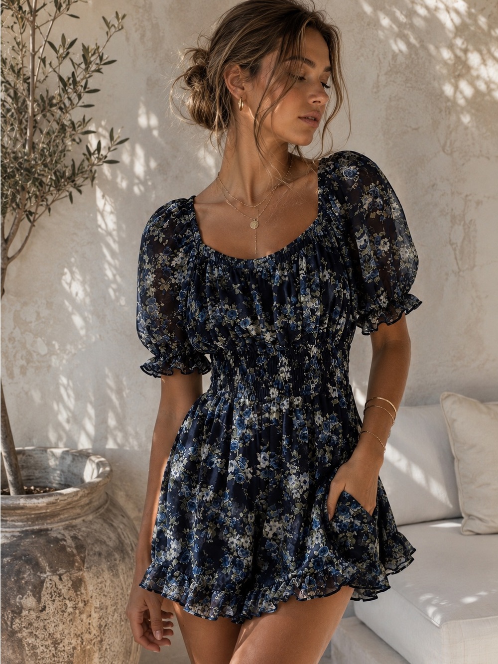 Altar'd State Navy Floral Puff-Sleeve Smocked Mini Romper